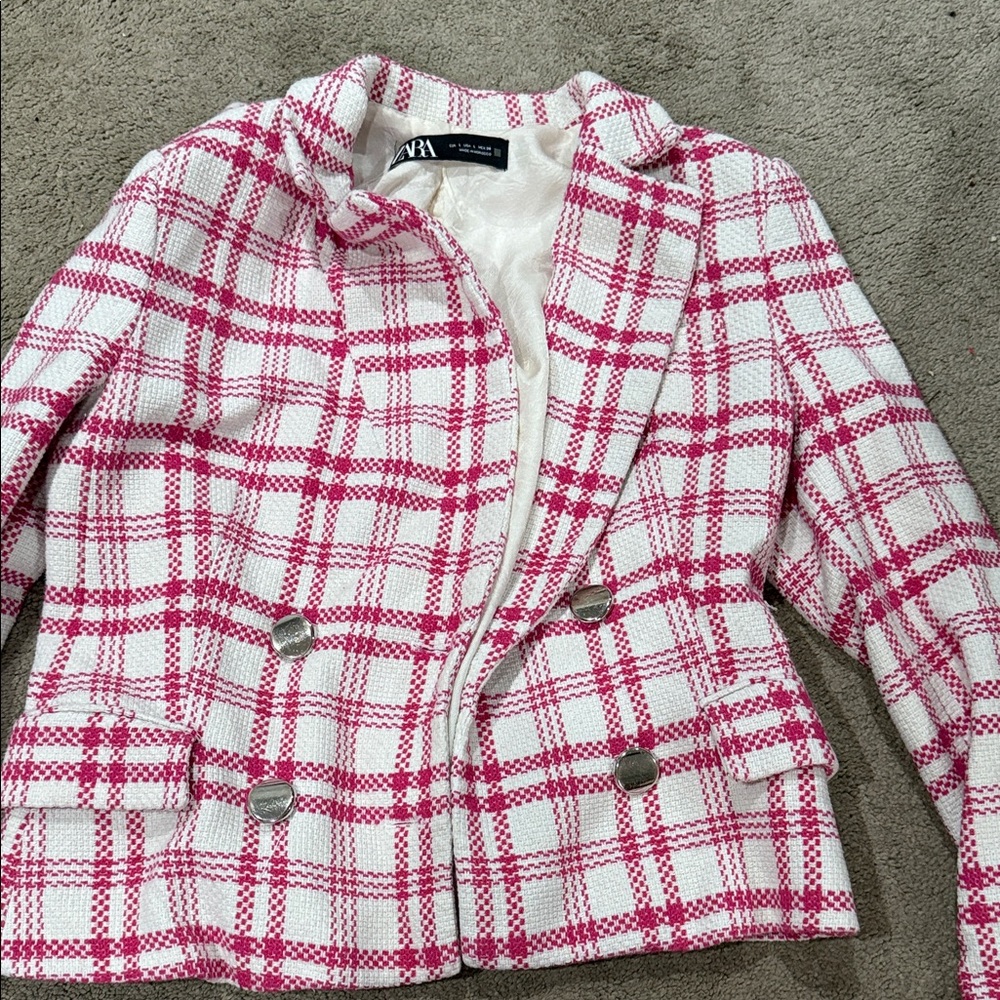 Zara Pink and White Checkered Blazer